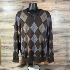 Vintage Neiman Marcus 100% Cashmere Argyle Sweater Mens XL brown
